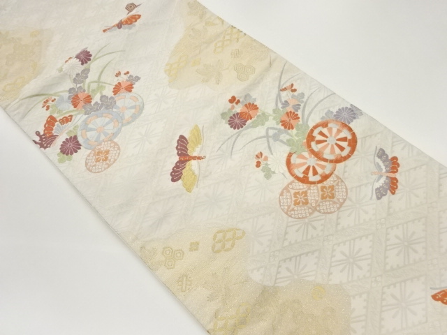 源氏車に草花・蝶模様織出し袋帯